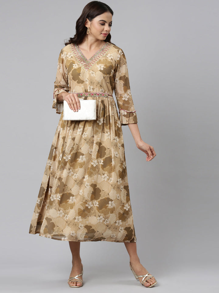 Neerus Beige Straight Casual Printed Maxi Dresses
