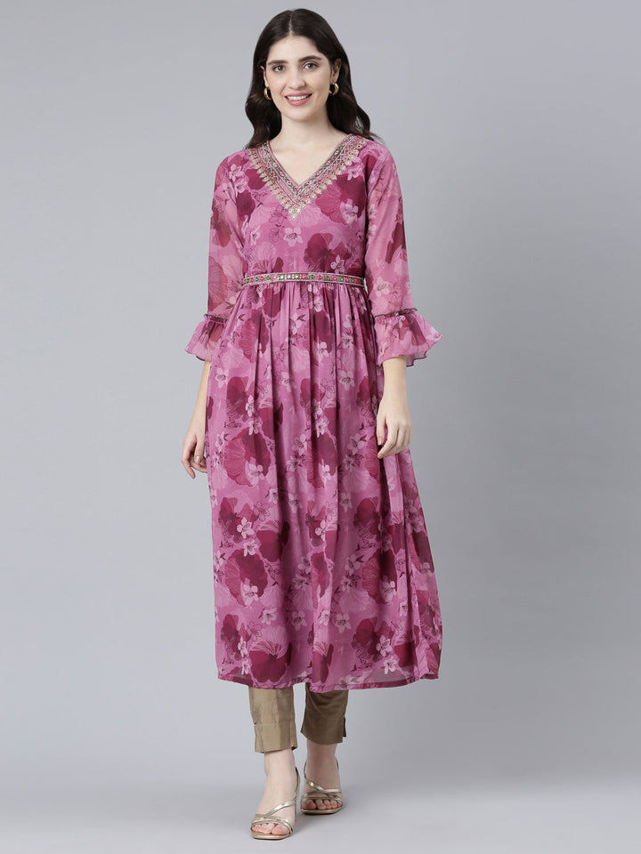Neerus Pink Straight Casual Printed Dress