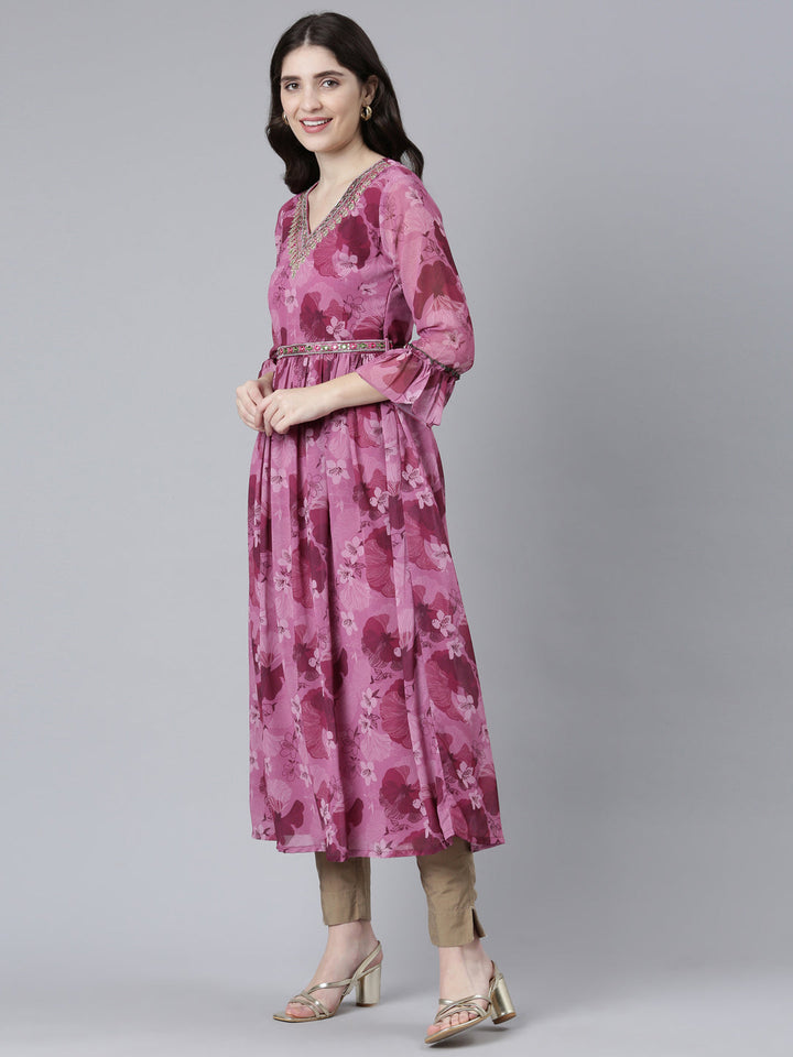 Neerus Pink Straight Casual Printed Dress