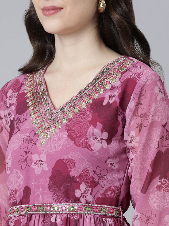 Neerus Pink Straight Casual Printed Dress