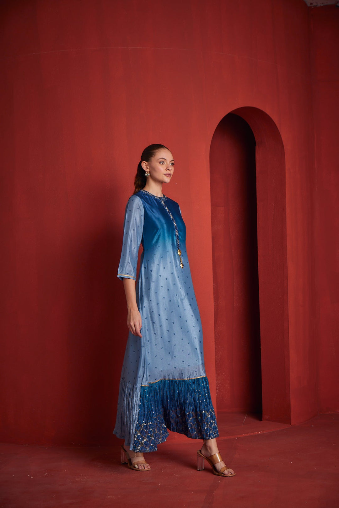 Neerus Blue chiffon gown - side view