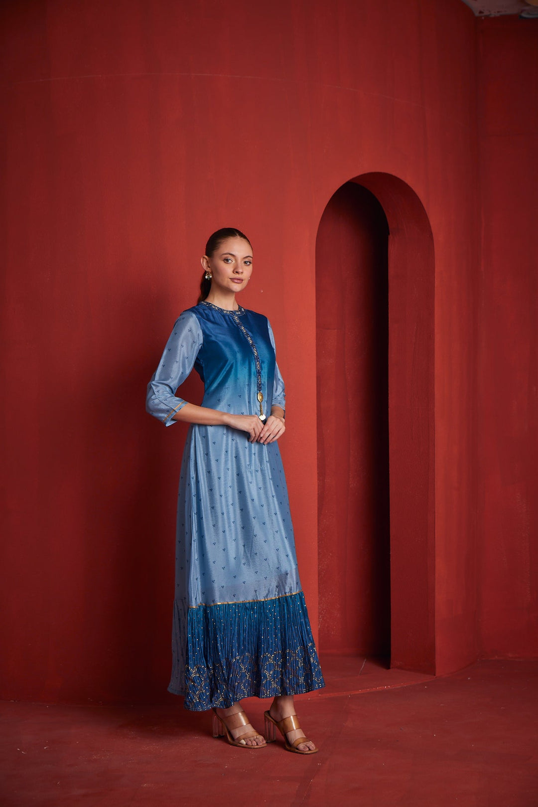 Neerus Blue chiffon gown - front view