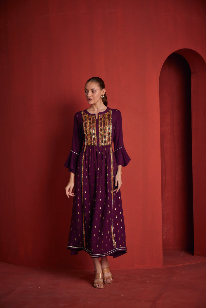 Neerus Maroon rayon gown - front view