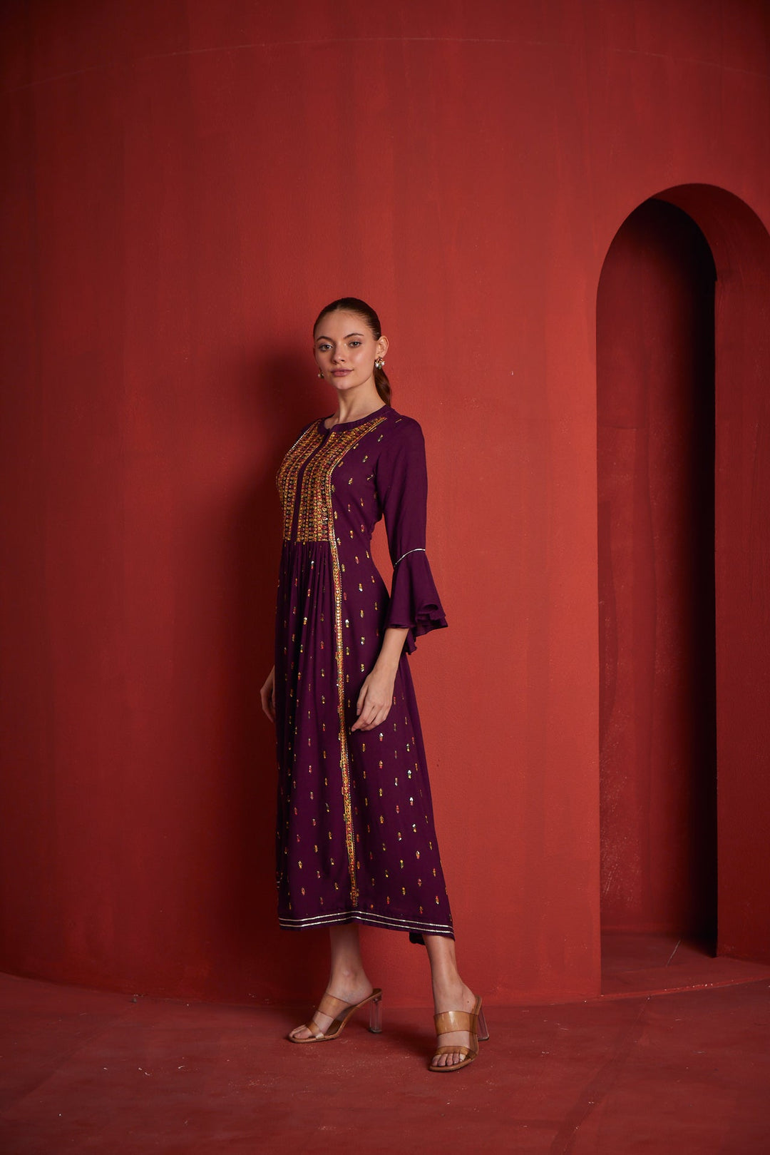 Neerus Maroon rayon gown - back view