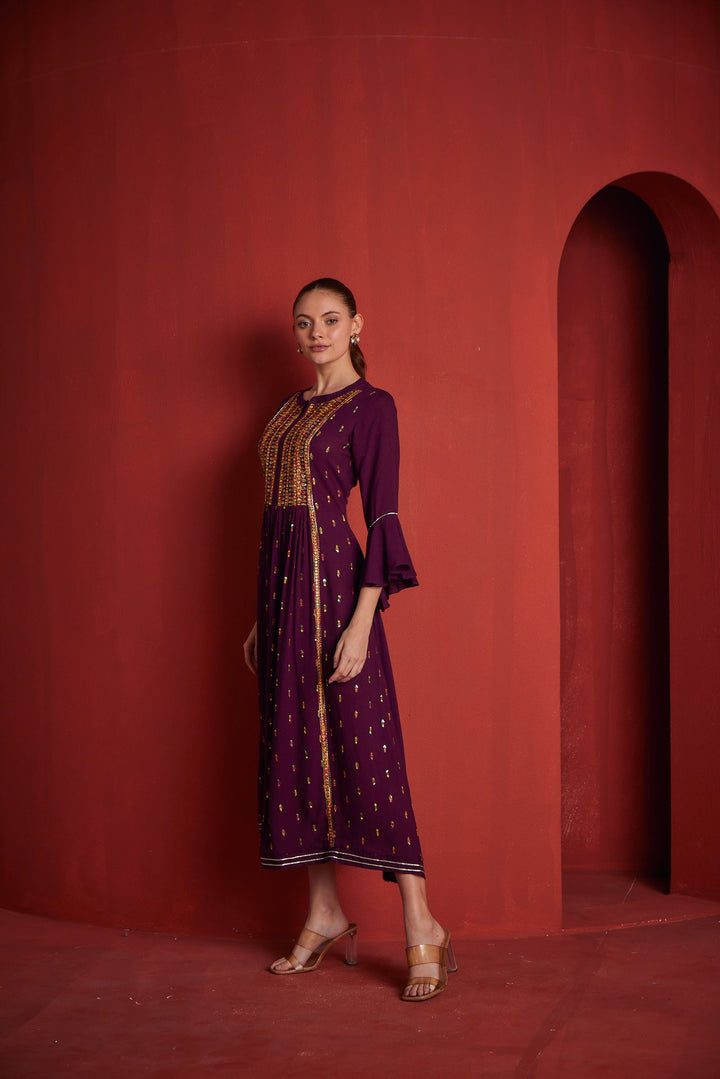 Neerus Maroon rayon gown - back view