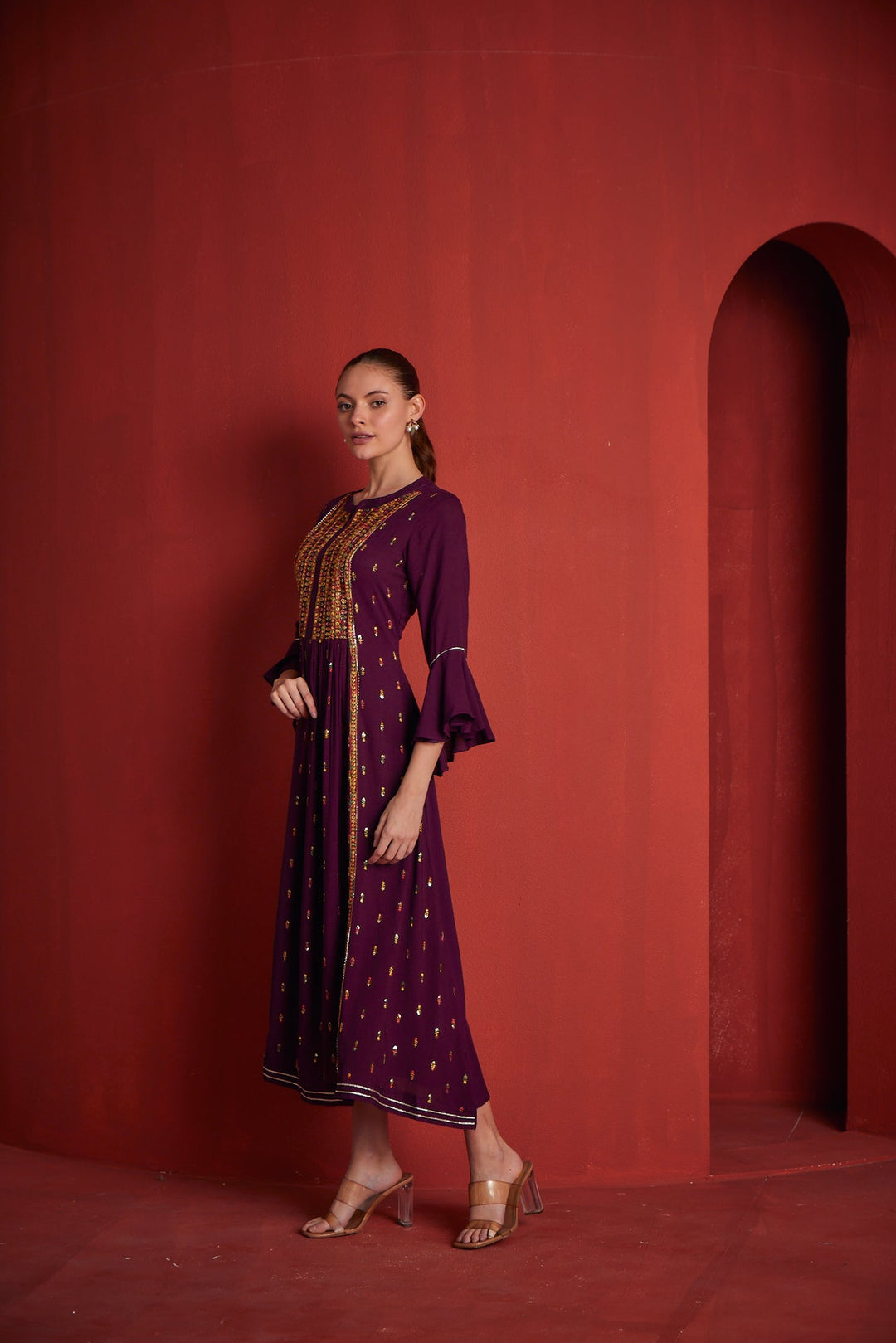 Neerus Maroon rayon gown - side view