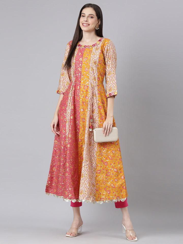 Neerus Pink Straight Casual Floral Dresses