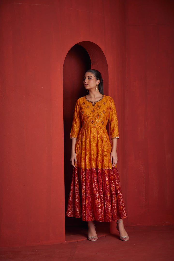 Neerus Yellow georgette embellished gown - front view