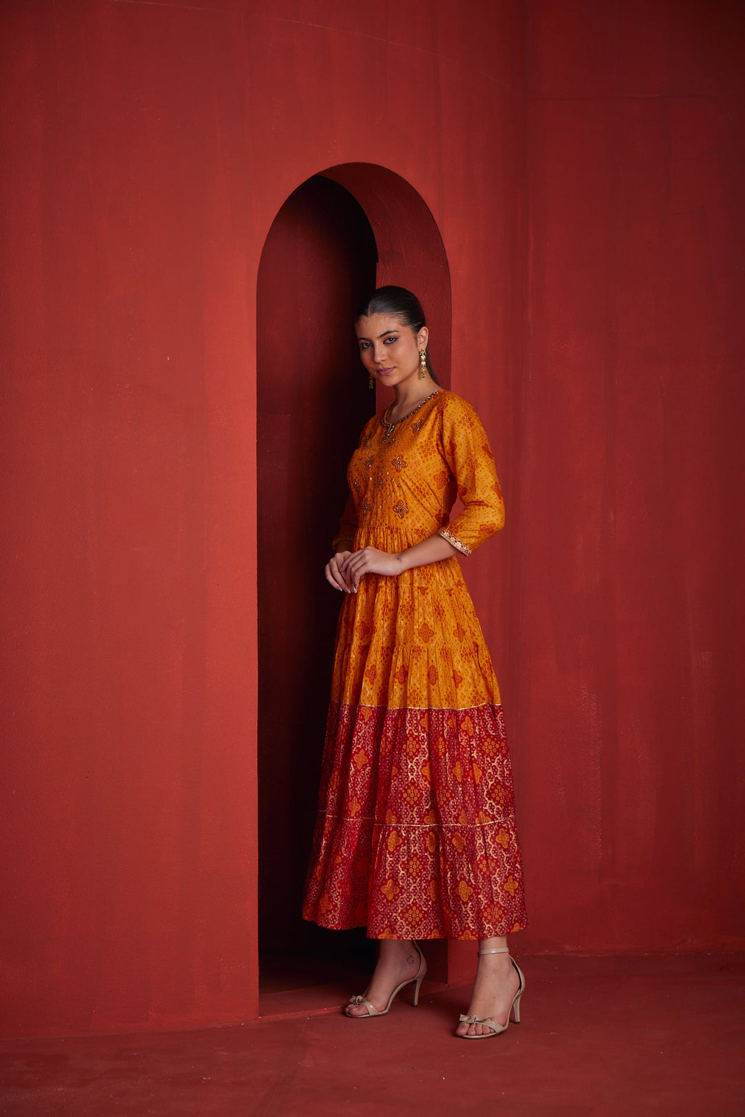 Neerus Yellow georgette embellished gown - back view