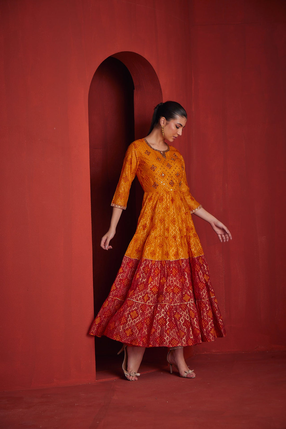 Neerus Yellow georgette embellished gown - side view