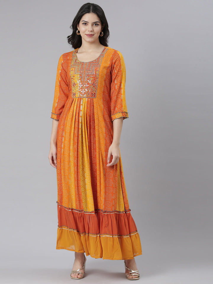 Neerus Orange rayon printed straight dress - front view