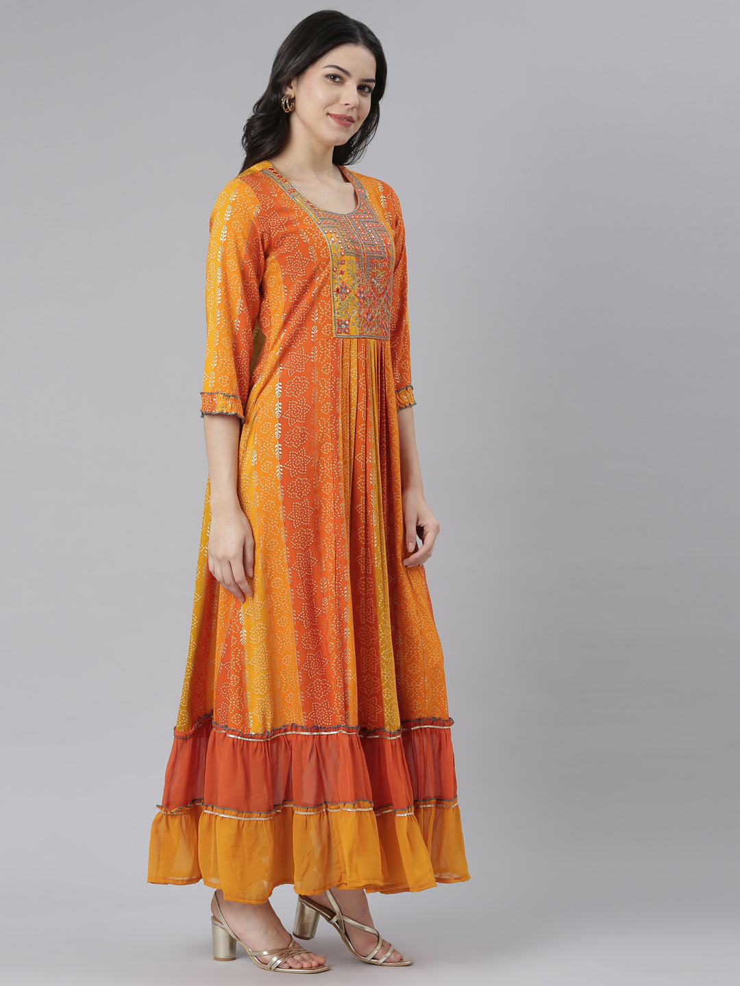 Neerus Orange rayon printed straight dress - back view