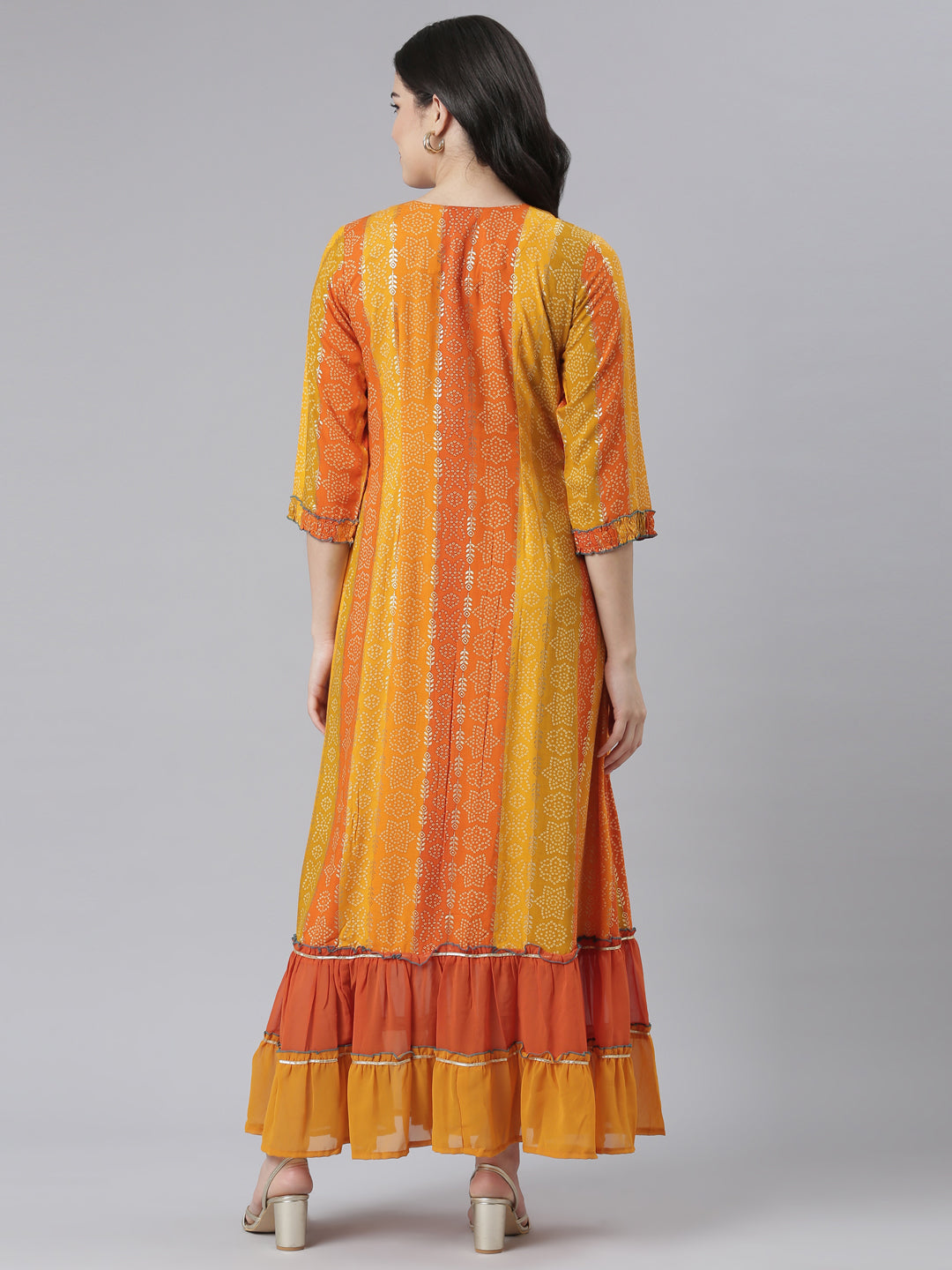 Neerus Orange rayon printed straight dress - side view