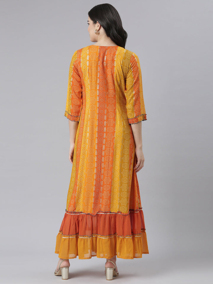 Neerus Orange rayon printed straight dress - side view