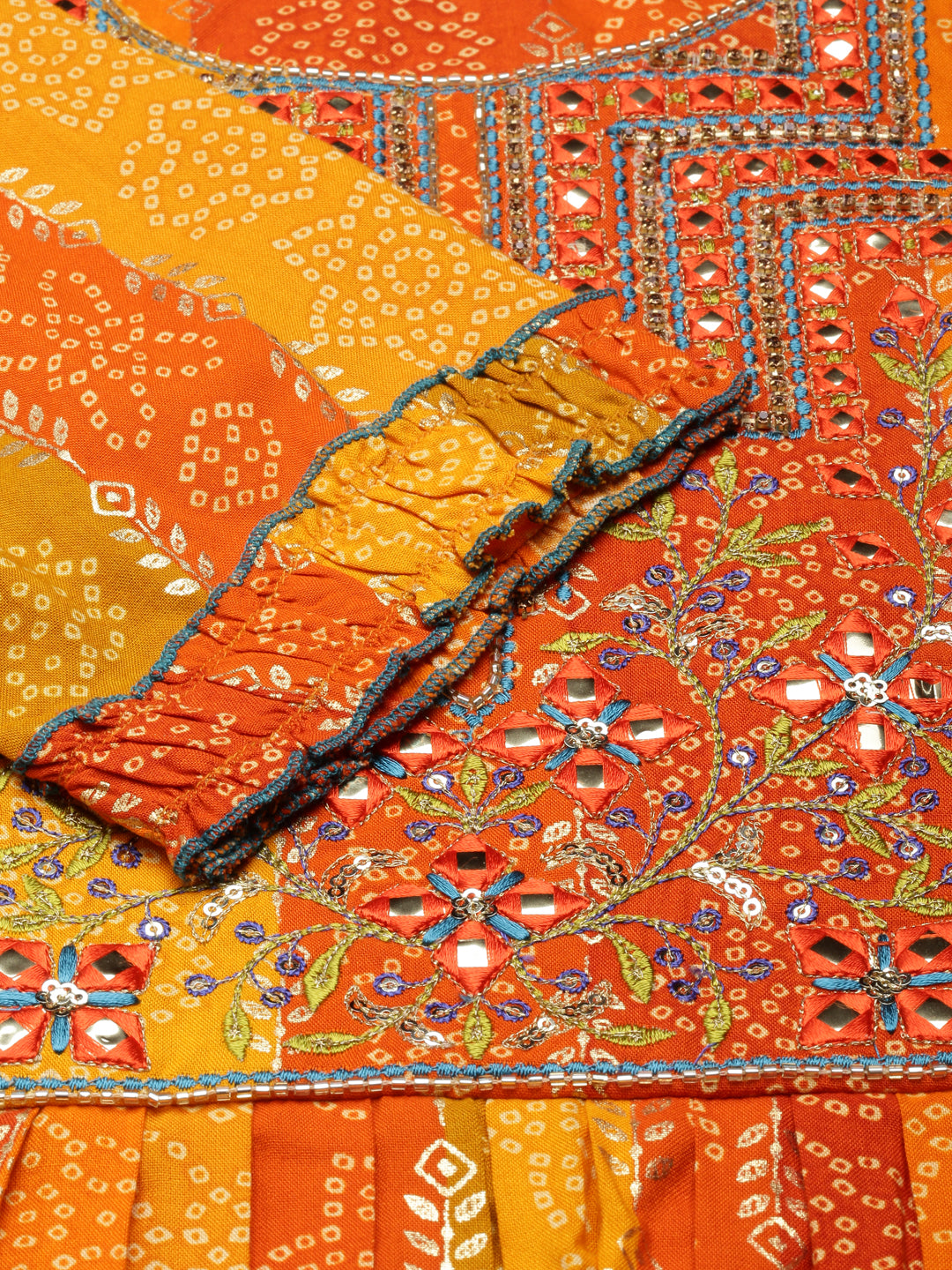 Neerus Orange rayon printed straight dress - detail view 1