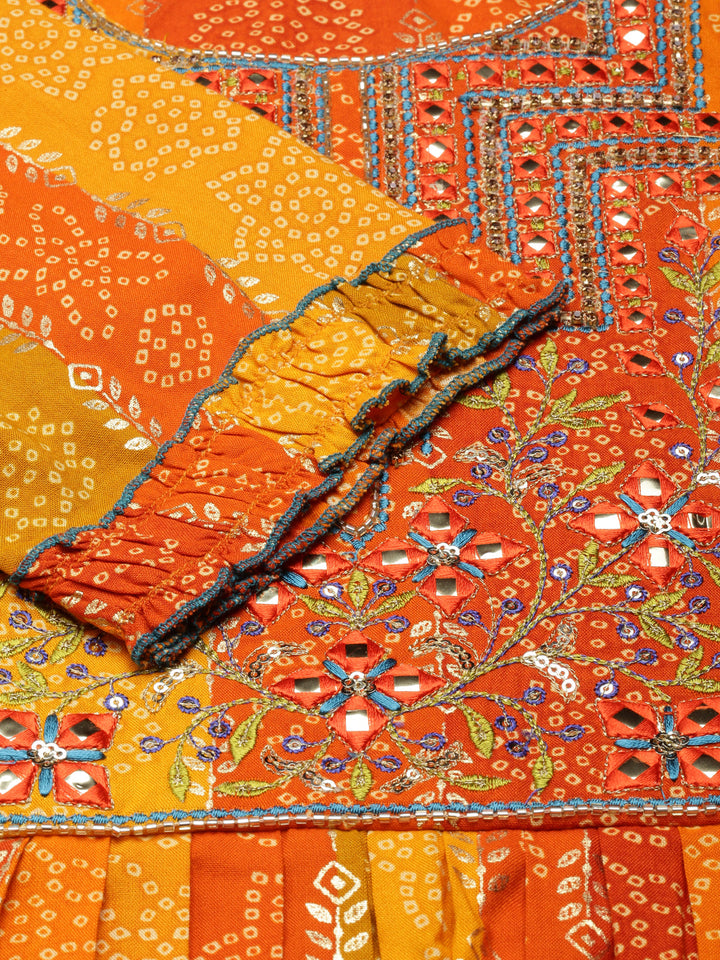 Neerus Orange rayon printed straight dress - detail view 1