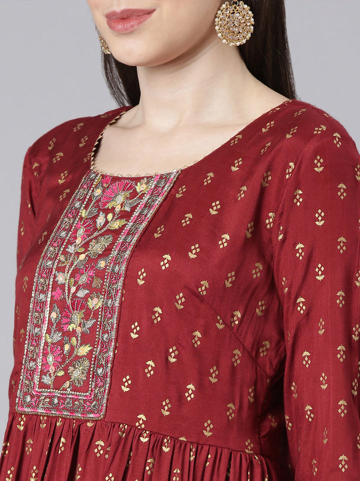 Neerus Maroon Straight Casual Solid Dresses