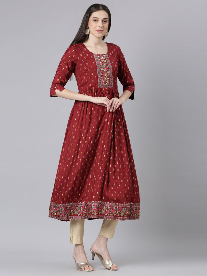 Neerus Maroon Straight Casual Solid Dresses