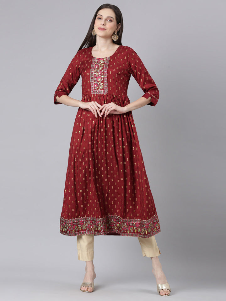 Neerus Maroon Straight Casual Solid Dresses