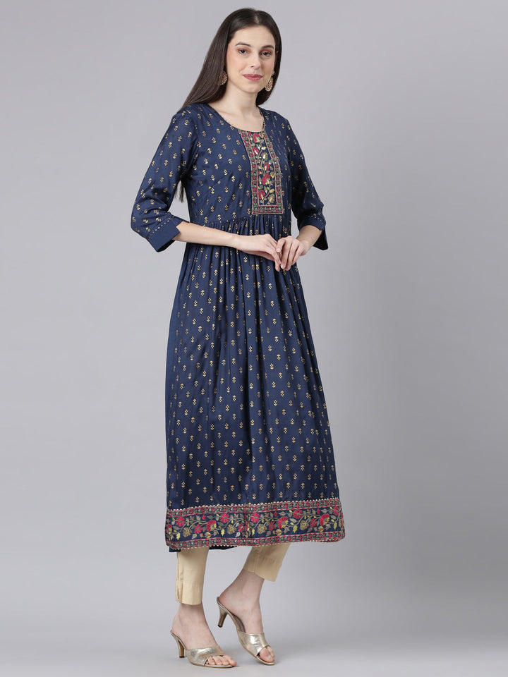 Neerus Navy Blue Straight Casual Solid Dresses