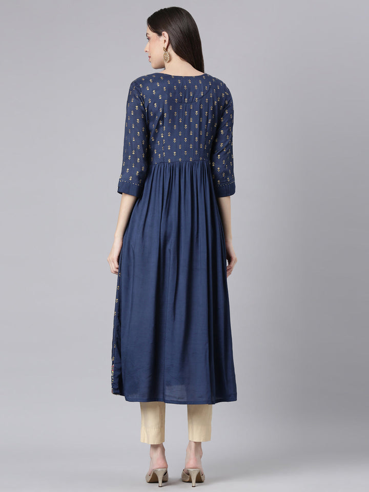 Neerus Navy Blue Straight Casual Solid Dresses