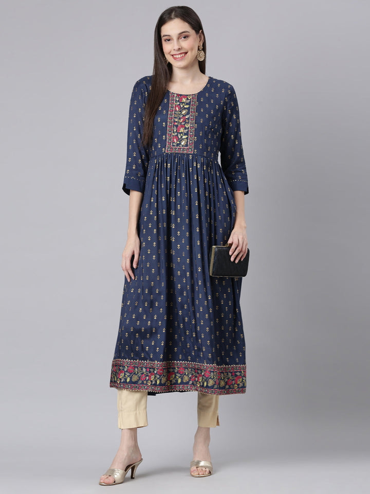 Neerus Navy Blue Straight Casual Solid Dresses