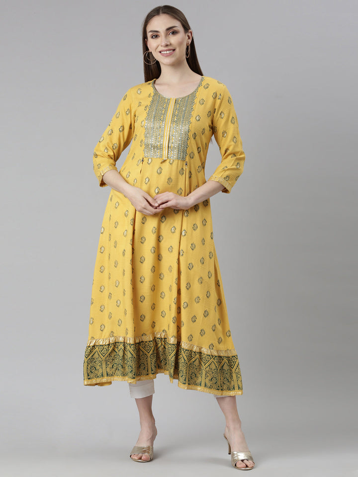 Neerus Mustard Straight Casual Floral Dresses