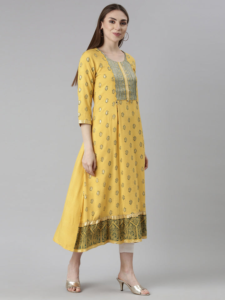 Neerus Mustard Straight Casual Floral Dresses