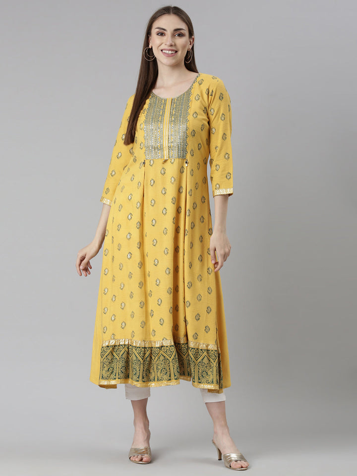 Neerus Mustard Straight Casual Floral Dresses