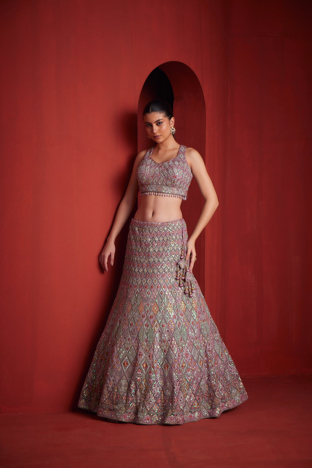 Neerus Pink net embellished lehenga set - front view