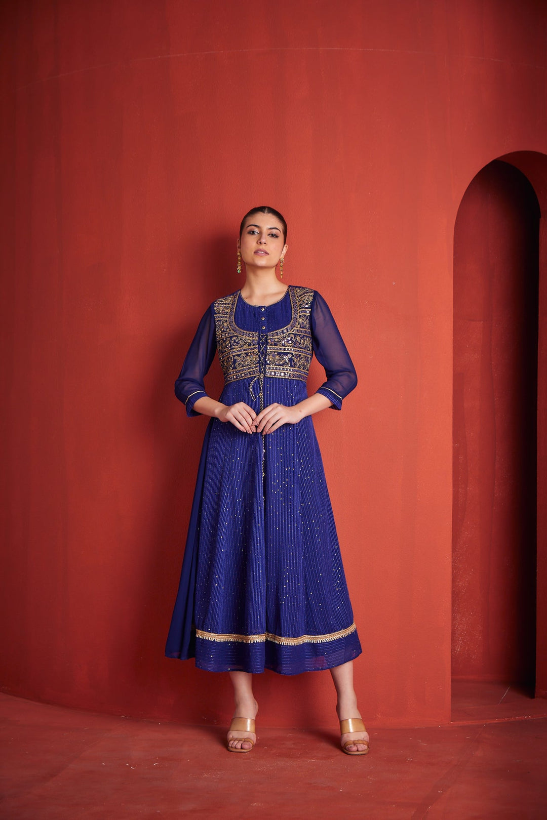 Neerus Blue georgette embellished gown - front view
