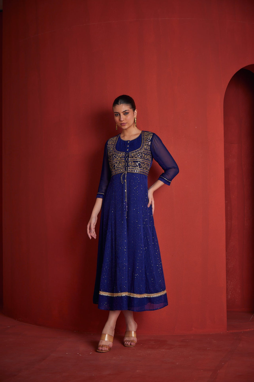 Neerus Blue georgette embellished gown - back view