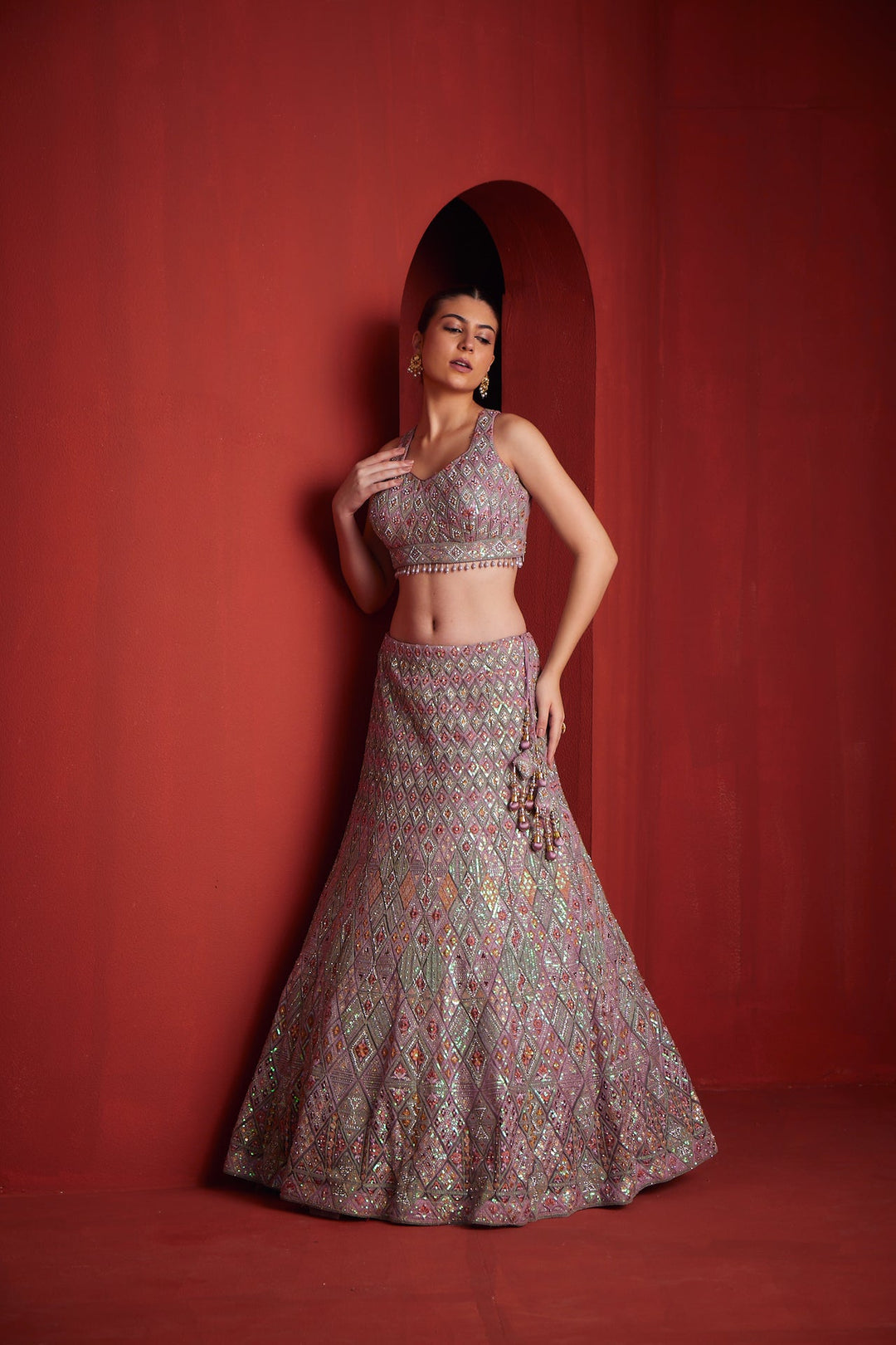 Neerus Pink net embellished lehenga set - back view