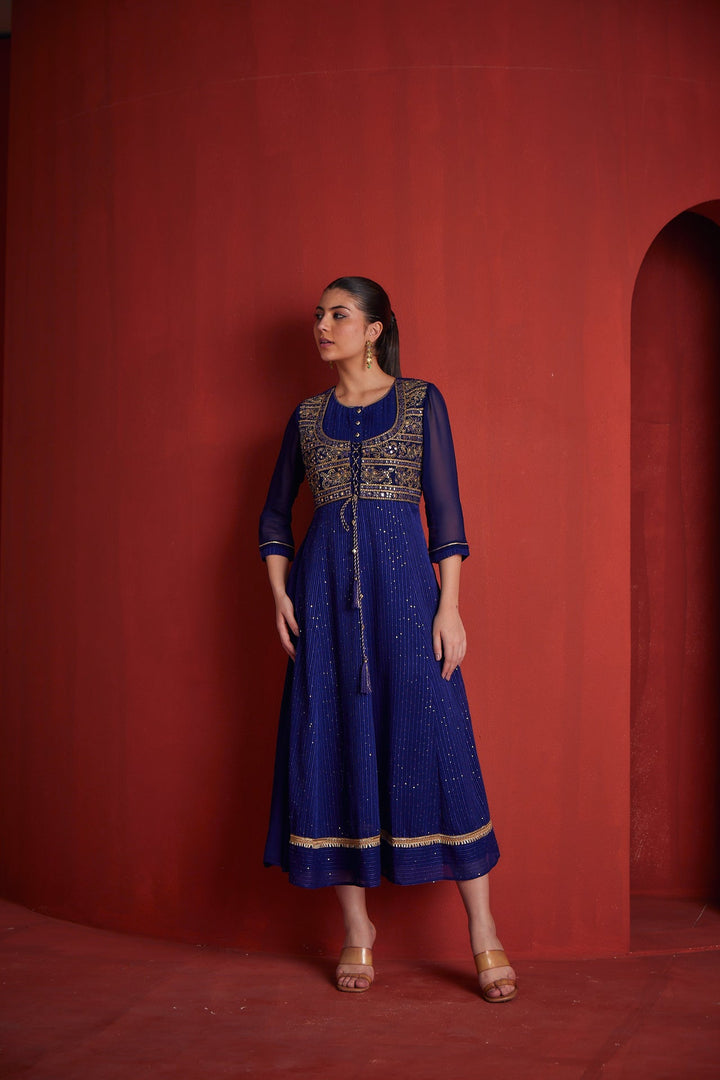 Neerus Blue georgette embellished gown - side view