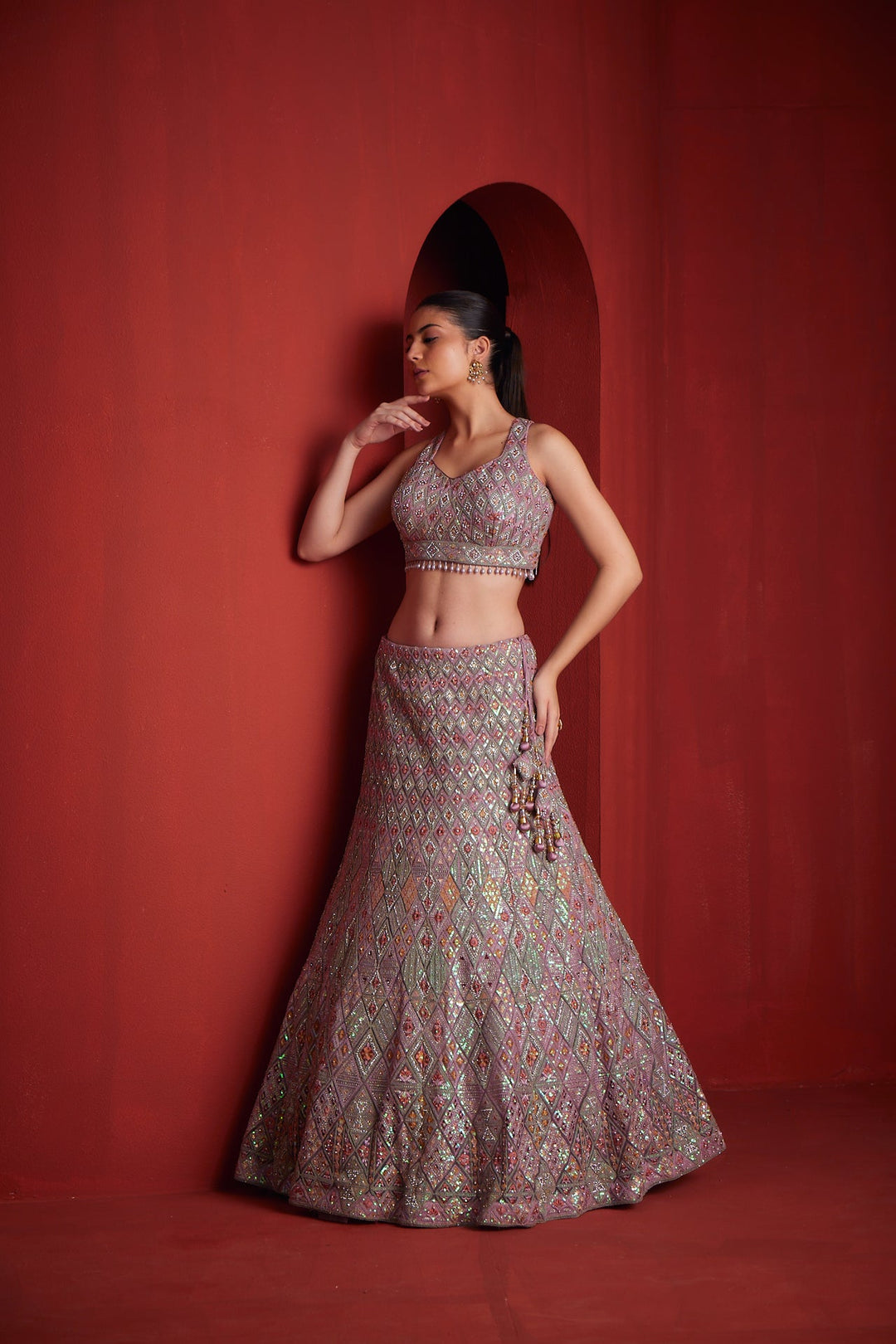 Neerus Pink net embellished lehenga set - side view