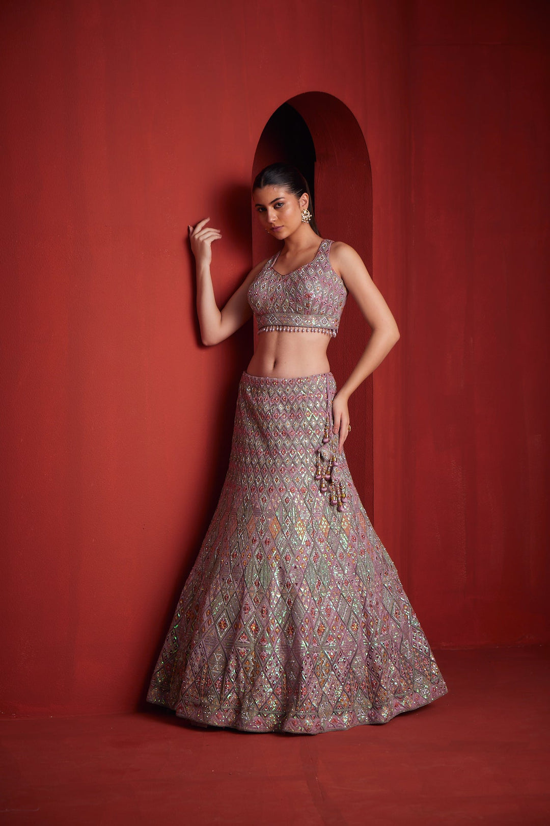 Neerus Pink net embellished lehenga set - detail view 1