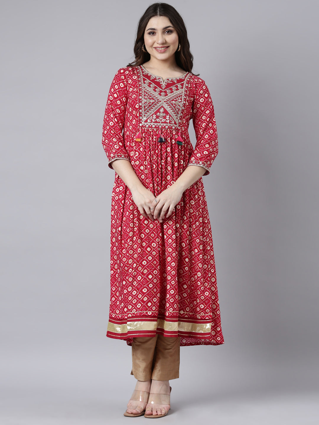 Neerus Pink rayon printed polka dot maxi dress - front view