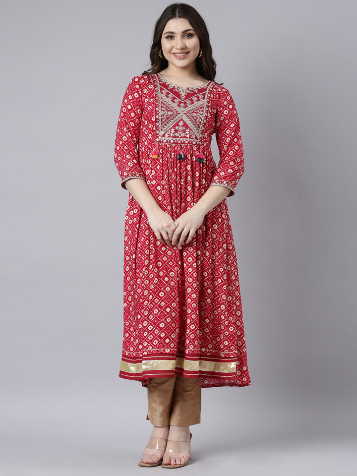 Neerus Pink rayon printed polka dot maxi dress - front view