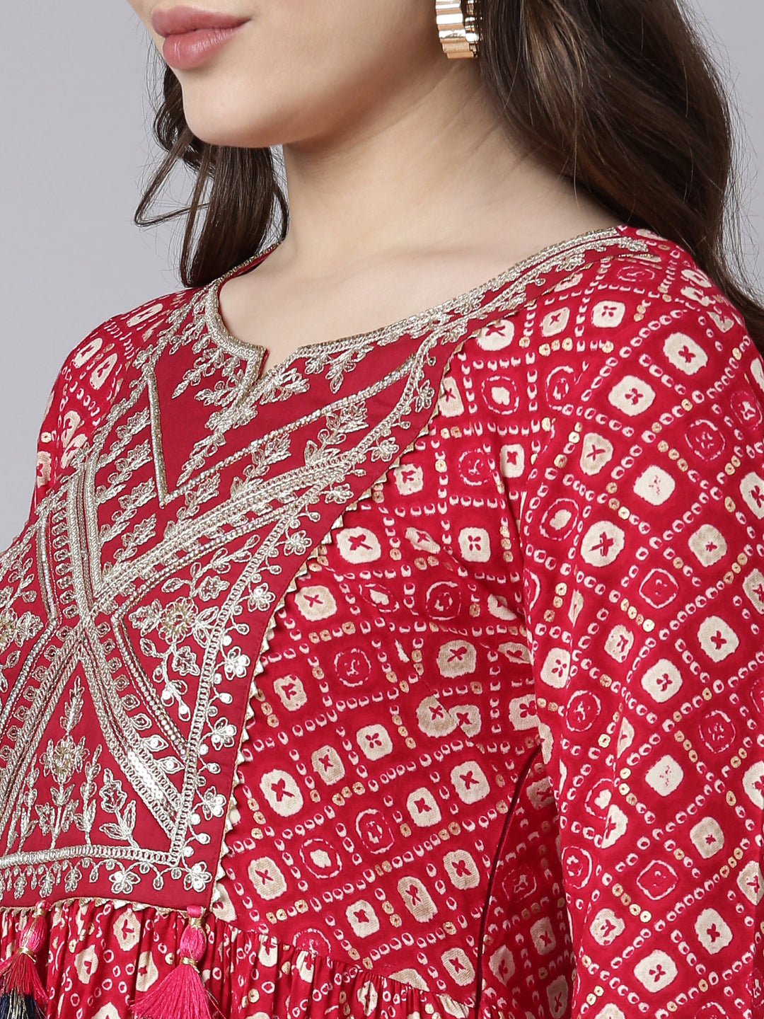 Neerus Pink rayon printed polka dot maxi dress - detail view 1