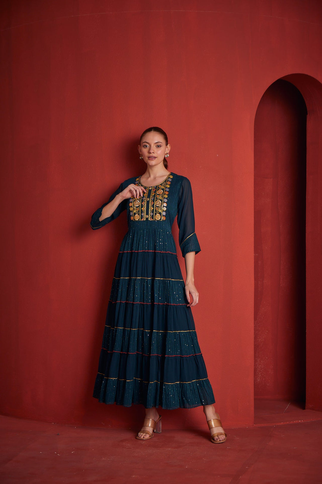 Neerus Blue georgette embellished gown - back view