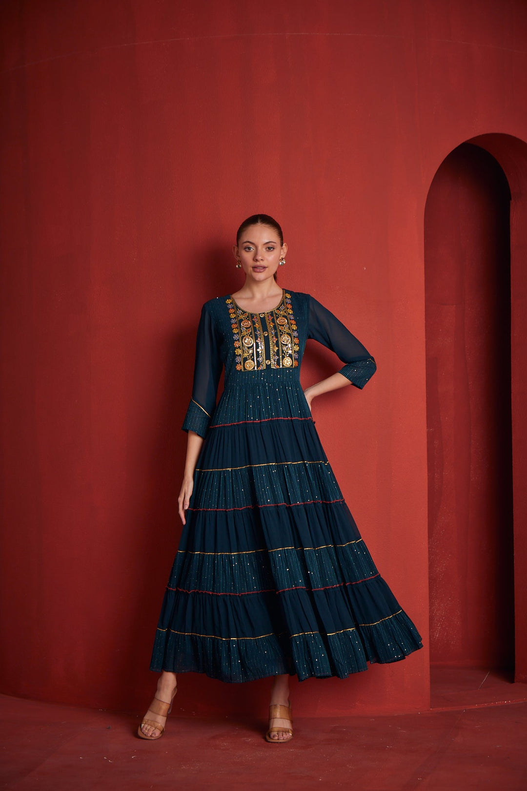 Neerus Blue georgette embellished gown - front view