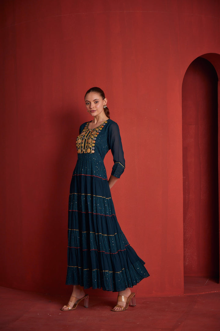 Neerus Blue georgette embellished gown - side view