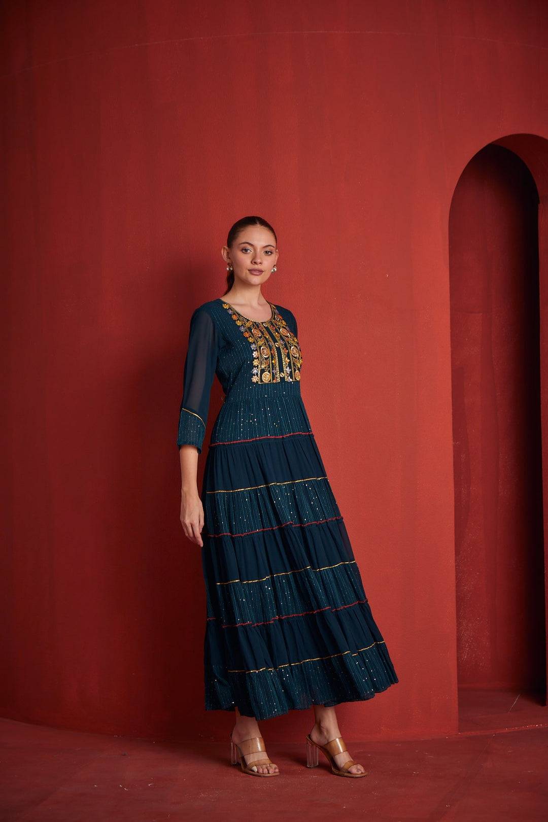 Neerus Blue georgette embellished gown - detail view 1