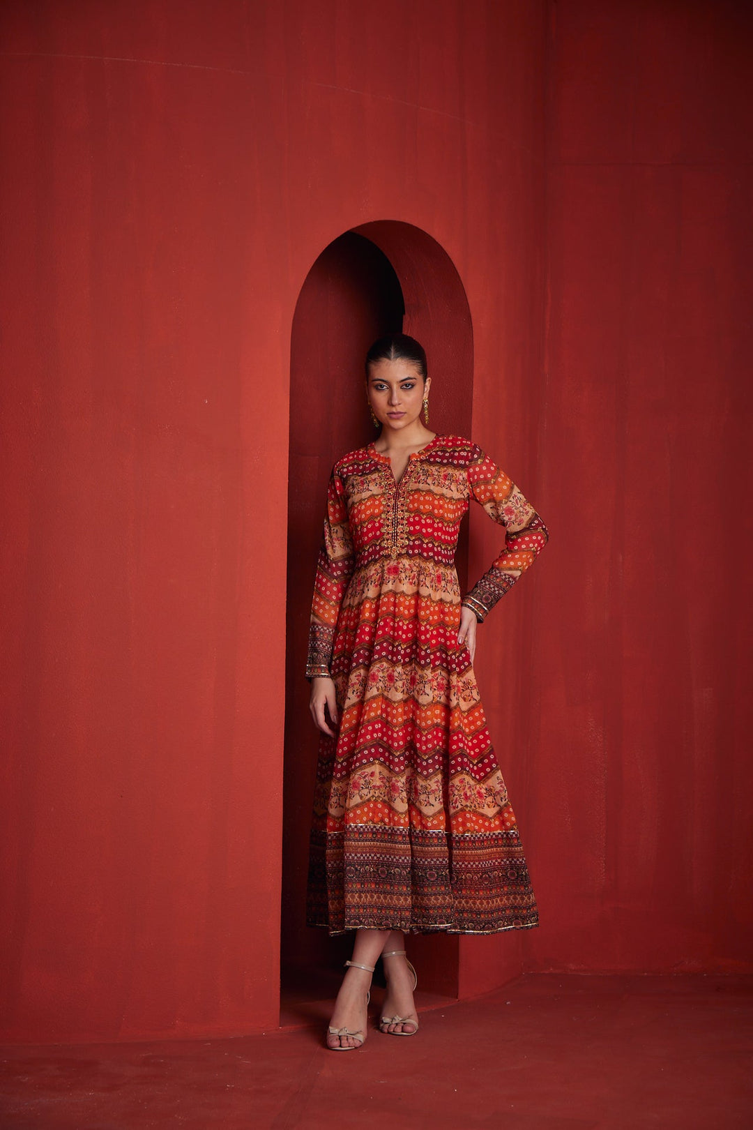 Neerus Orange georgette embroidered gown - front view