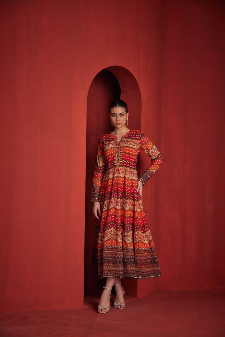 Neerus Orange georgette embroidered gown - front view
