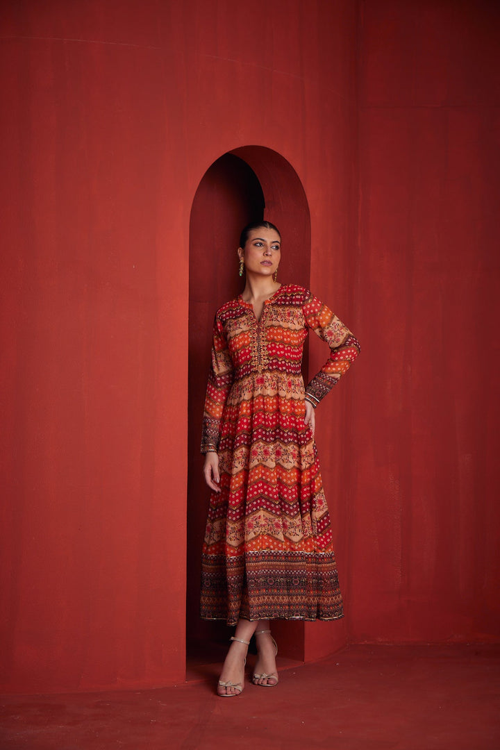 Neerus Orange georgette embroidered gown - side view
