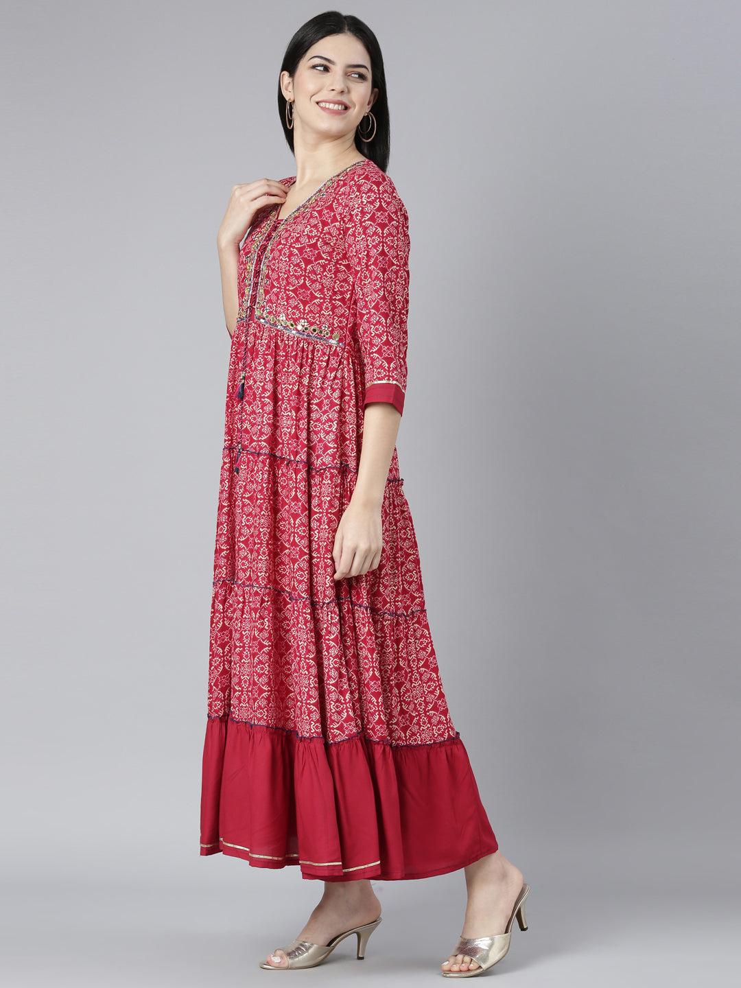 Neerus Pink georgette printed floral flared dress - back view
