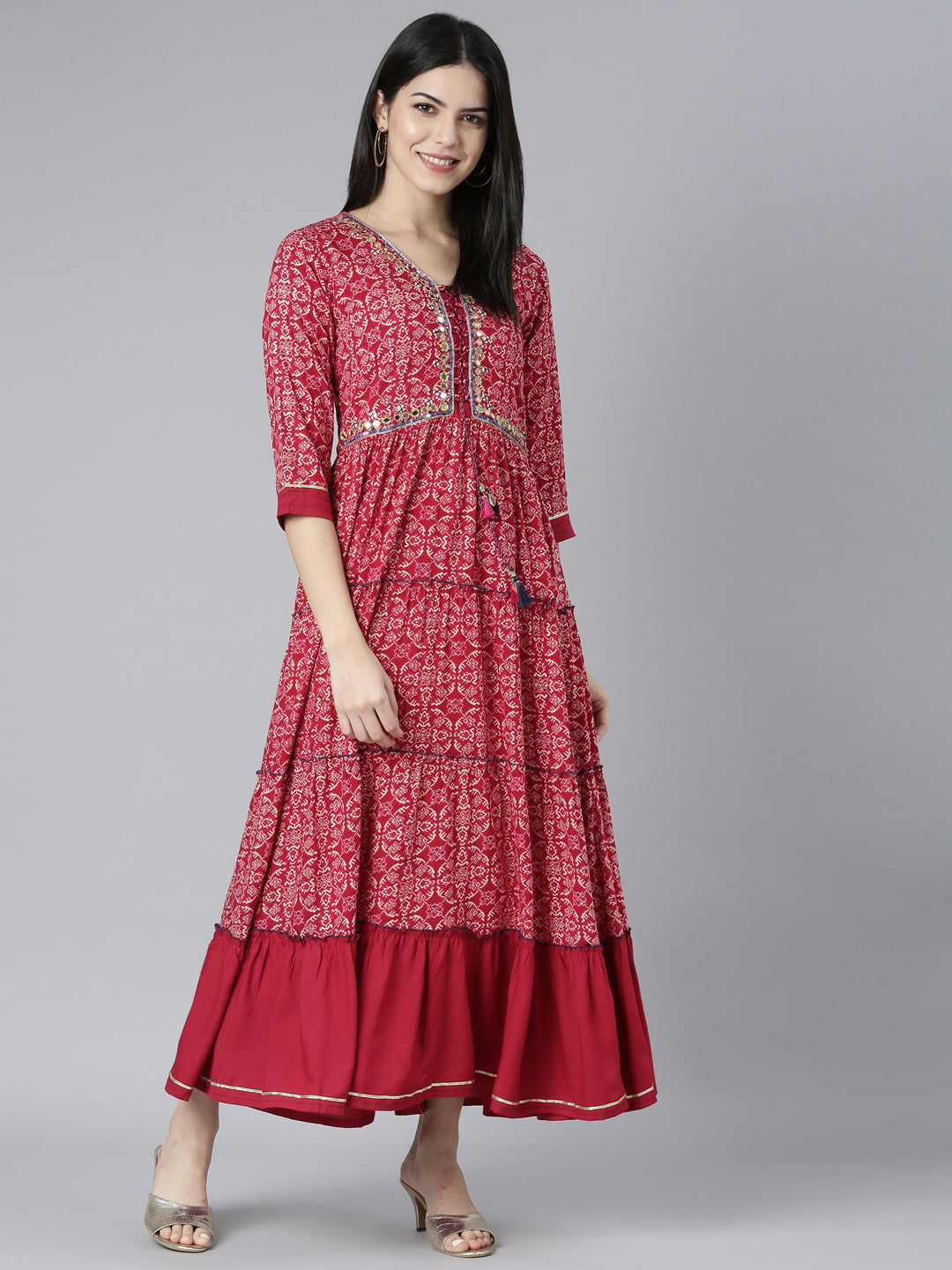 Neerus Pink georgette printed floral flared dress - detail view 3