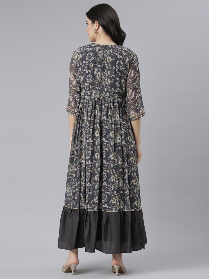 Neerus Grey Straight Casual Floral Dresses
