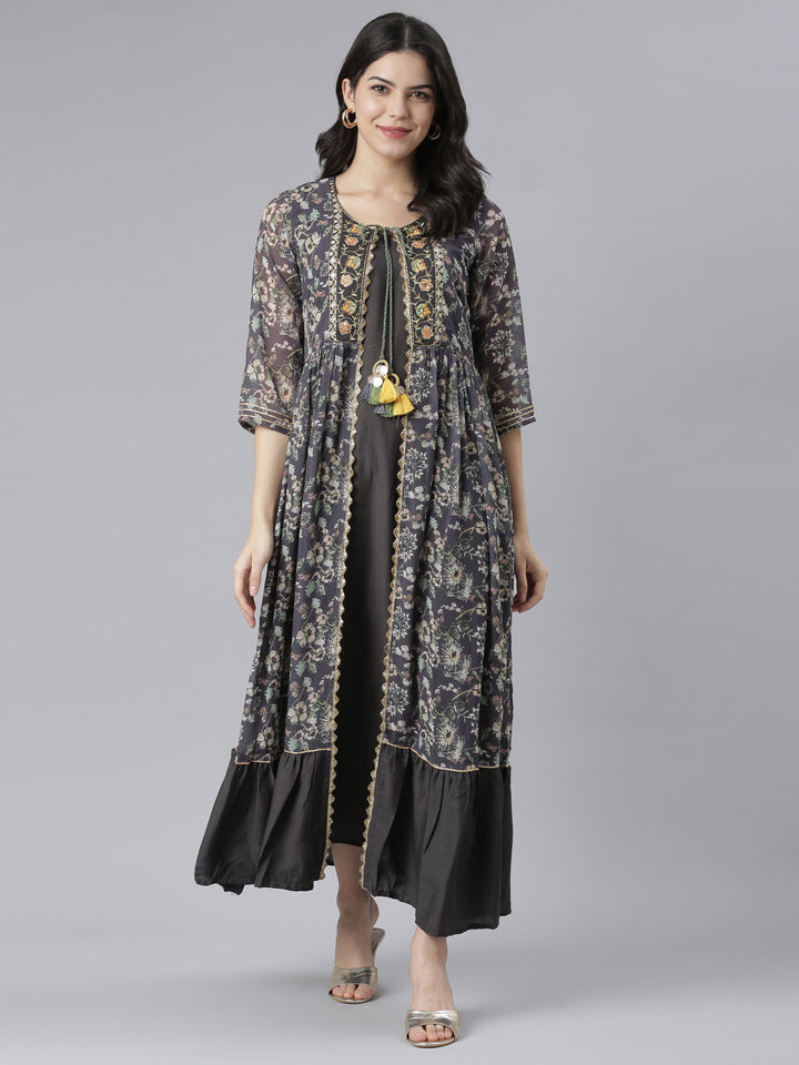 Neerus Grey Straight Casual Floral Dresses
